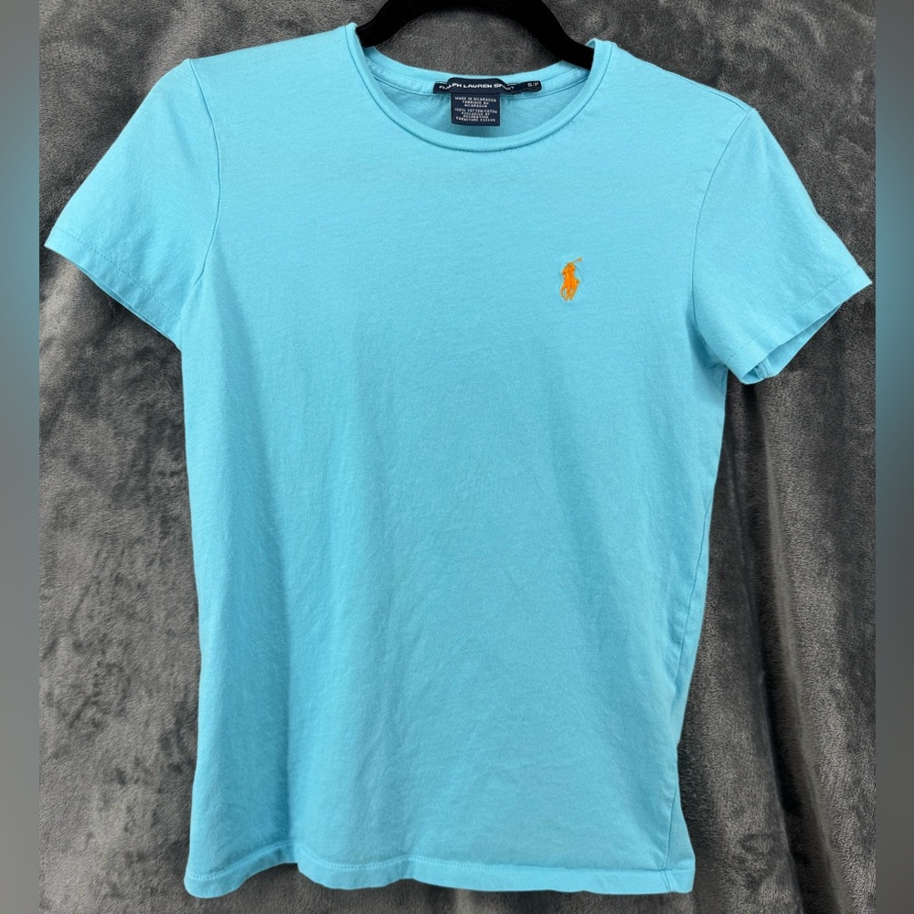 Ralph Lauren Sport Bright Blue Baby T-Shirt with Orange Polo Logo Size Small